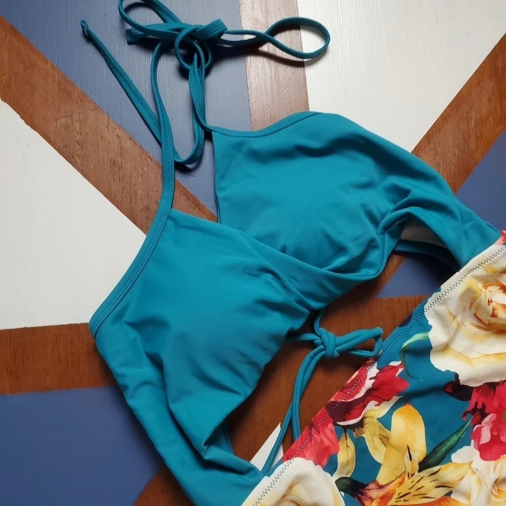 Cupshe Monokini One Piece Womens Medium Teal Floral Cutout Tie neck‎ High Waist